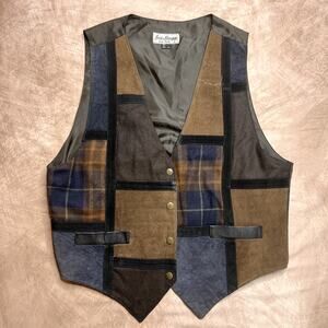 Vintage 90s Jeri Marque Patchwork Plaid Vest Suede Multicolor Western Cowboy